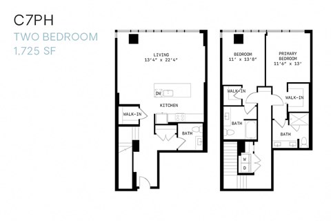 Floor plan for 2 beds, 2.5 baths, 1725 sqft